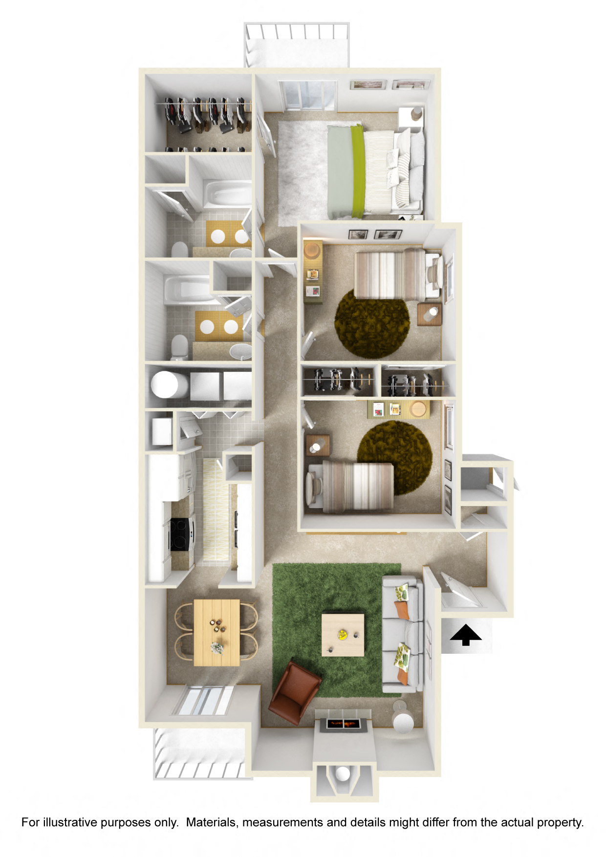 Floor plan for 3 beds, 2 baths, 1267 sqft
